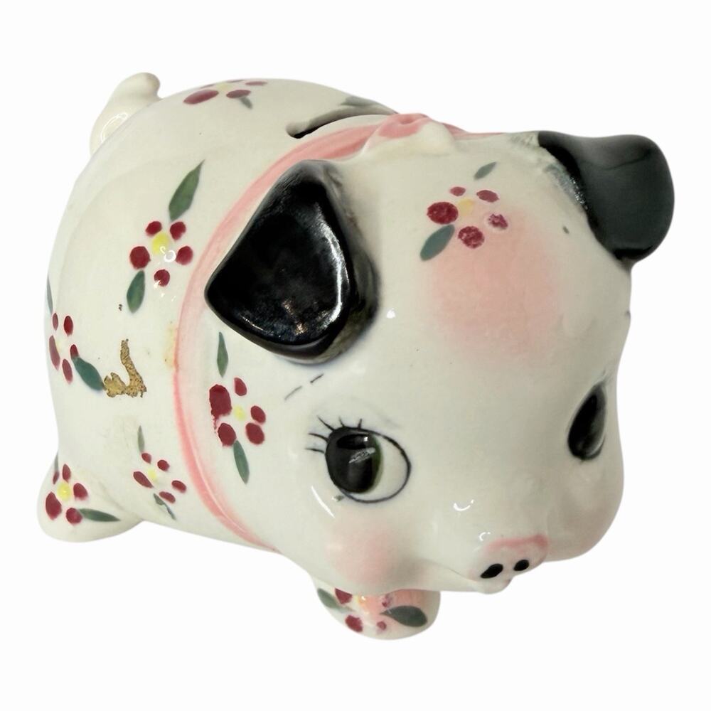 Vtg Relco Japan Piggy Bank 1950s Flower Pig Big Eyes Anthropomorphic Blue Ribbon